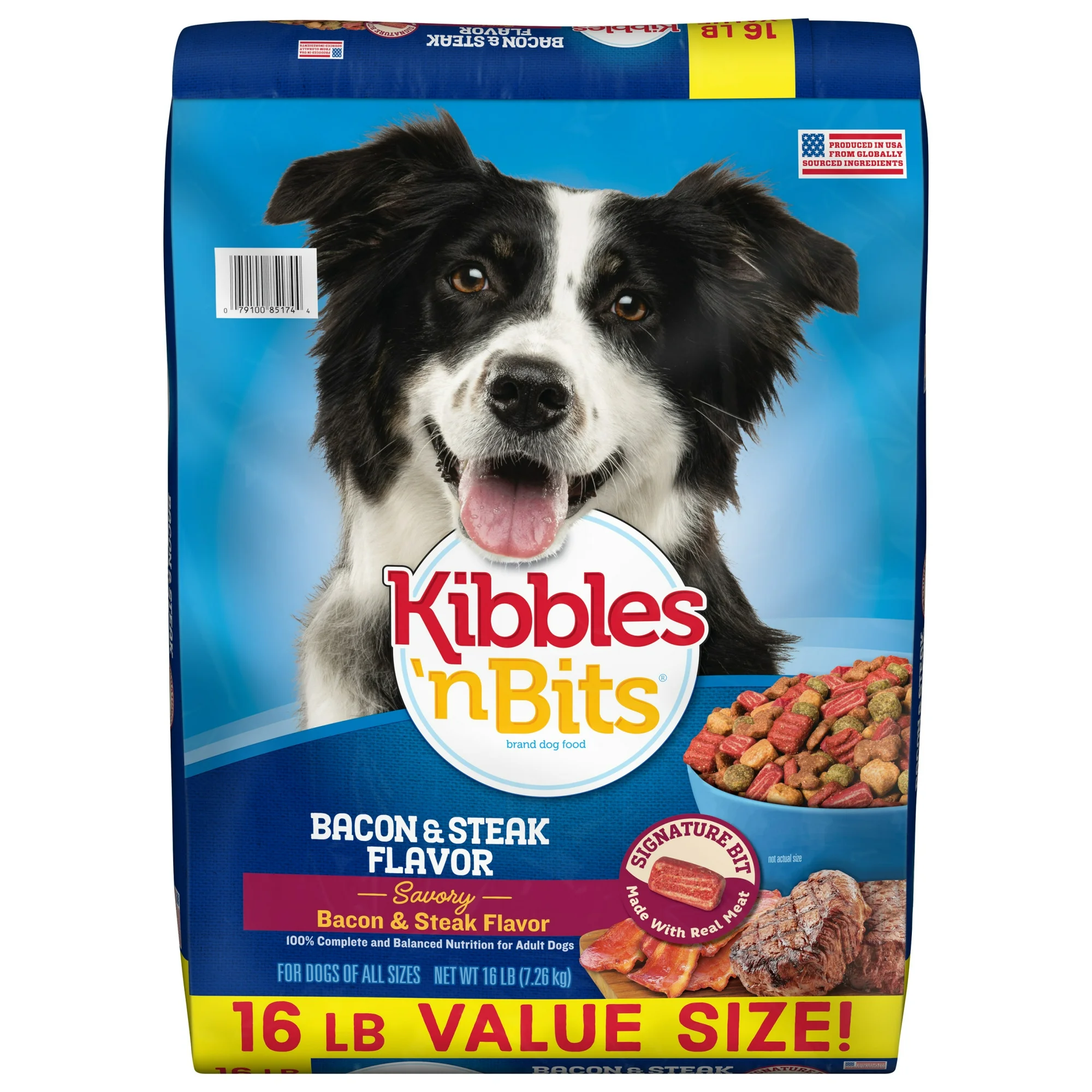 Kibbles 'n Bits Dry Dog Food for Adult Dogs, Savory Bacon & Steak Flavor, (1) 16 lb. Bag
