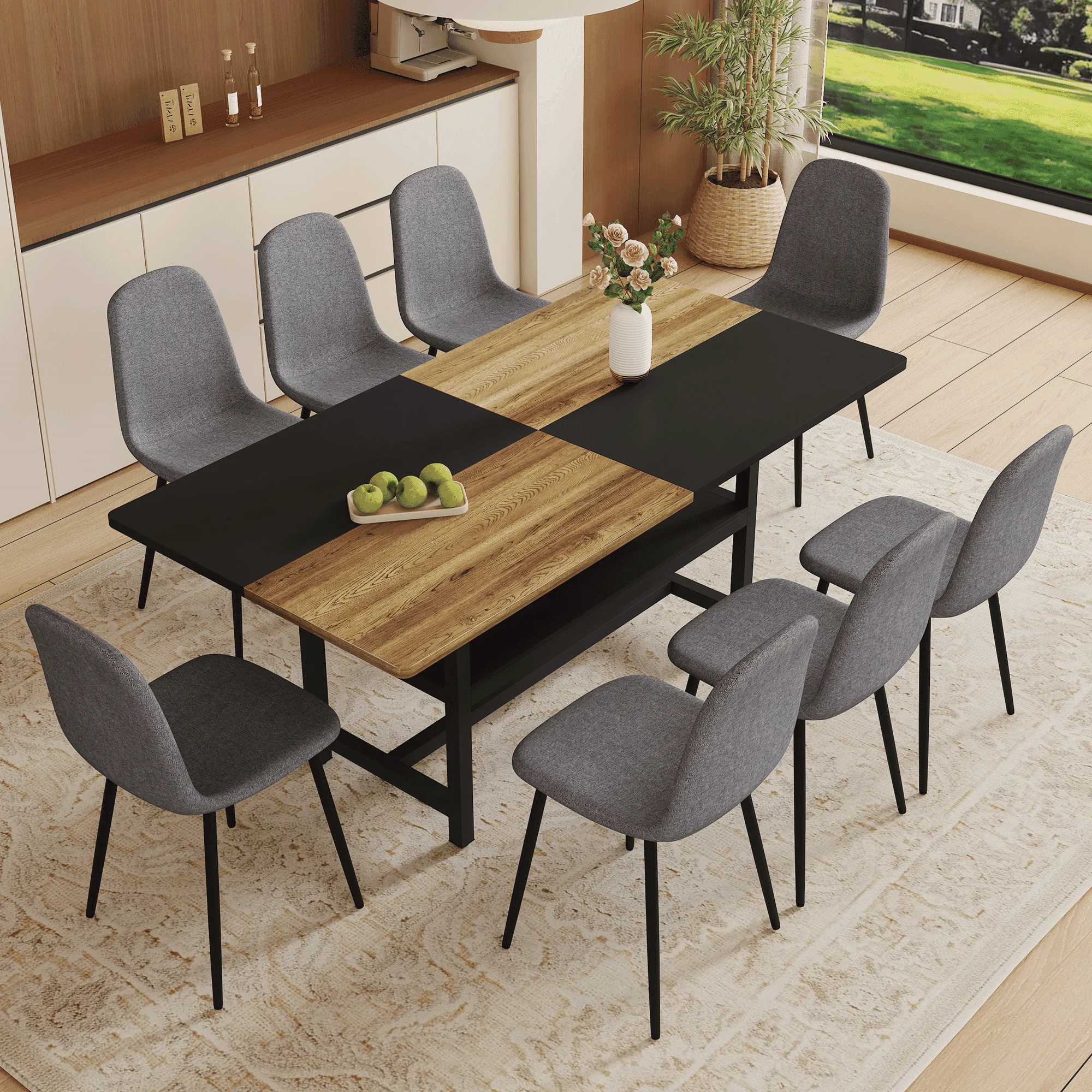 NYEESS 9-Piece 71 inch Wood Dining Table Set with Storage Shelf and 8 Dark Gray Linen Chairs, Modern Dining Room Furniture