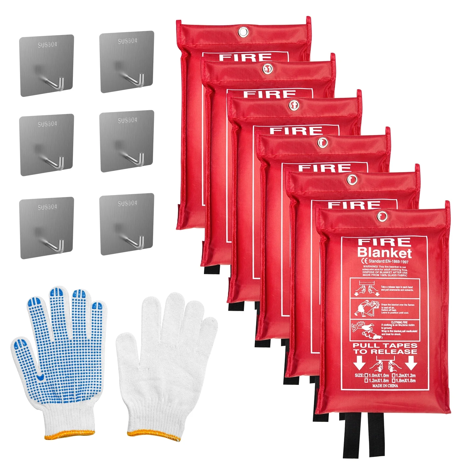 Rocyis Emergency Fire Blanket (6 Pack, 40 in X 40 in) + 6 Hooks & 1 Gloves, Fiberglass Fireproof, Prepared Fire Suppression Blanket for Home and Kitchen, Camping, Grill, Car, Warehouse