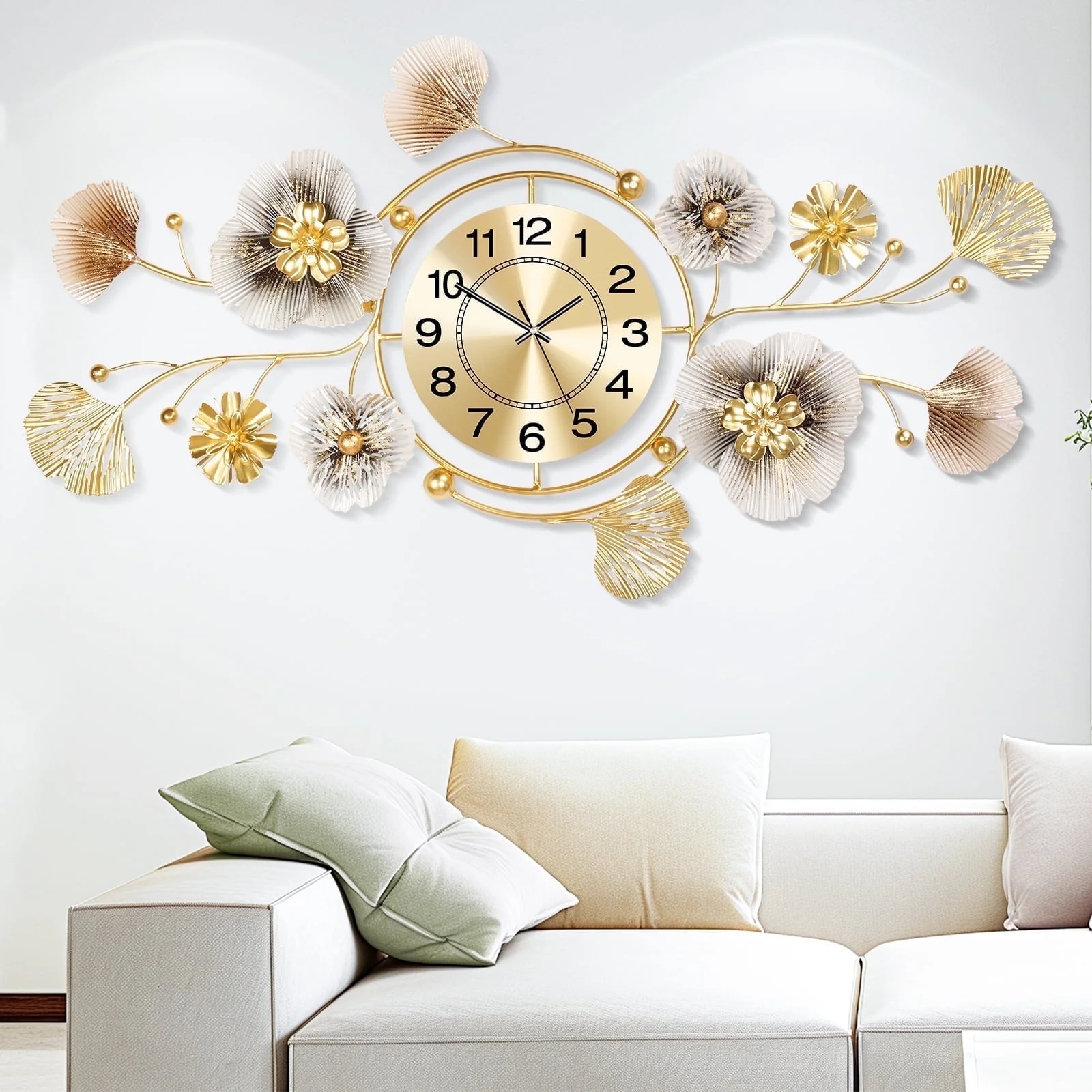 Wall Clock,Large Wall Clock,Silent Wall Clocks Battery Operated, Metal Ginkgo Leaf Design, Can Be Suspended Vertically or Horizontally,for Living Room, Entryway, Office or Bedroom Decor